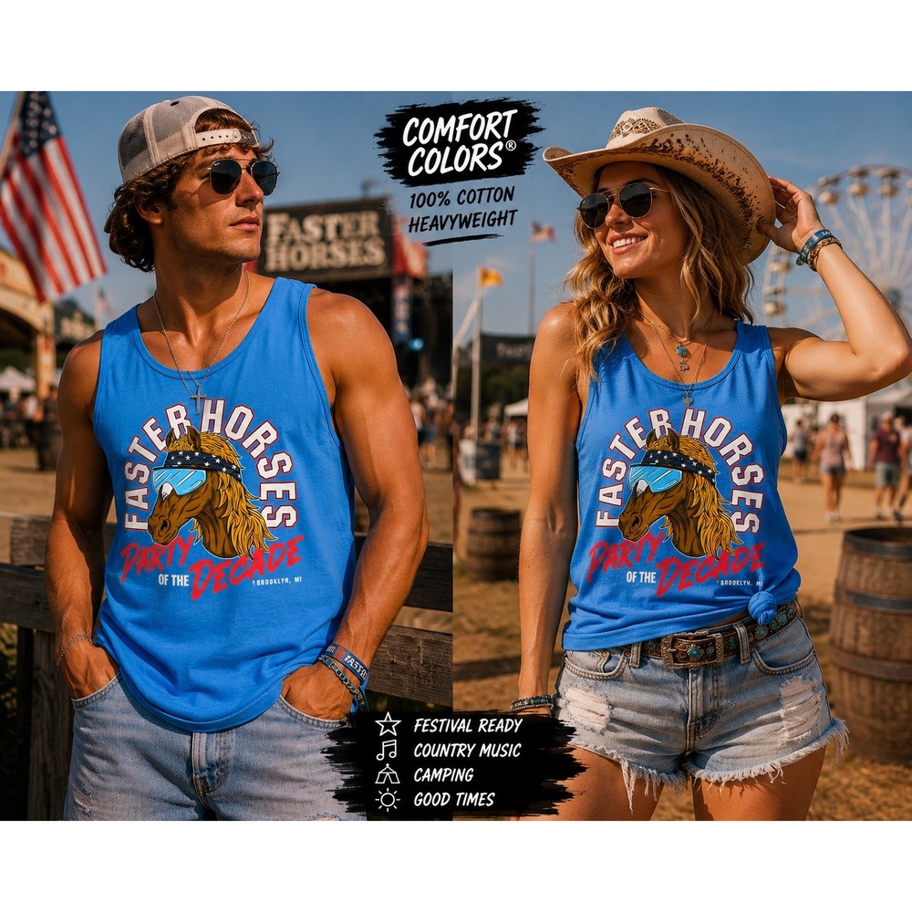 Faster Horses Party Of The Decade Tank Top Med Blue Country Music Festival - Picture 3 of 6